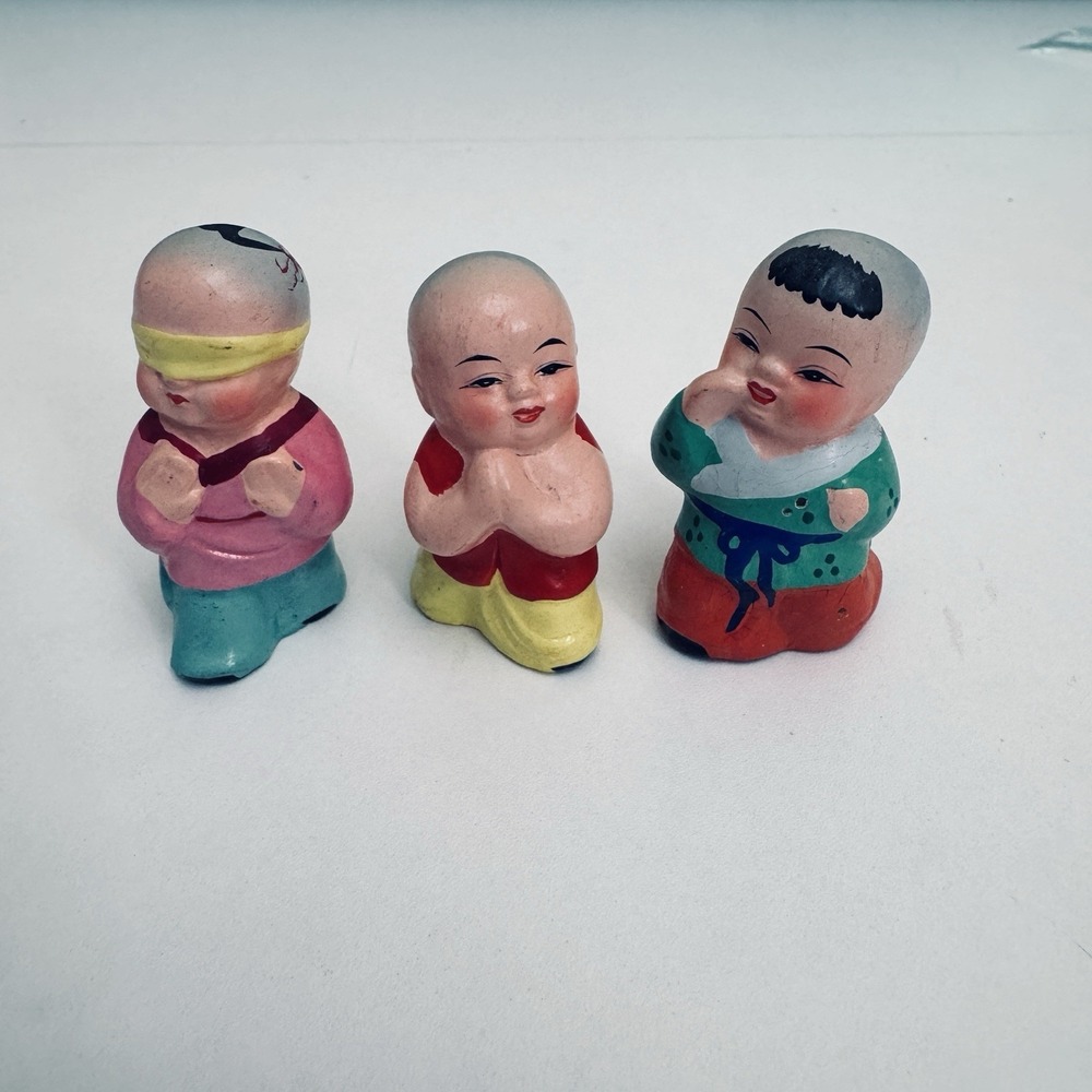 Vintage Chinese Clay Folk Art Style Figurines, 3 Pcs Mini Buddha's Good Luck